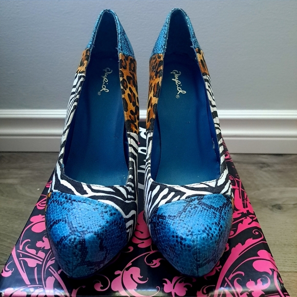 Qupid | teal / black snake fabric ~ animal print block color High heel - Picture 3 of 9